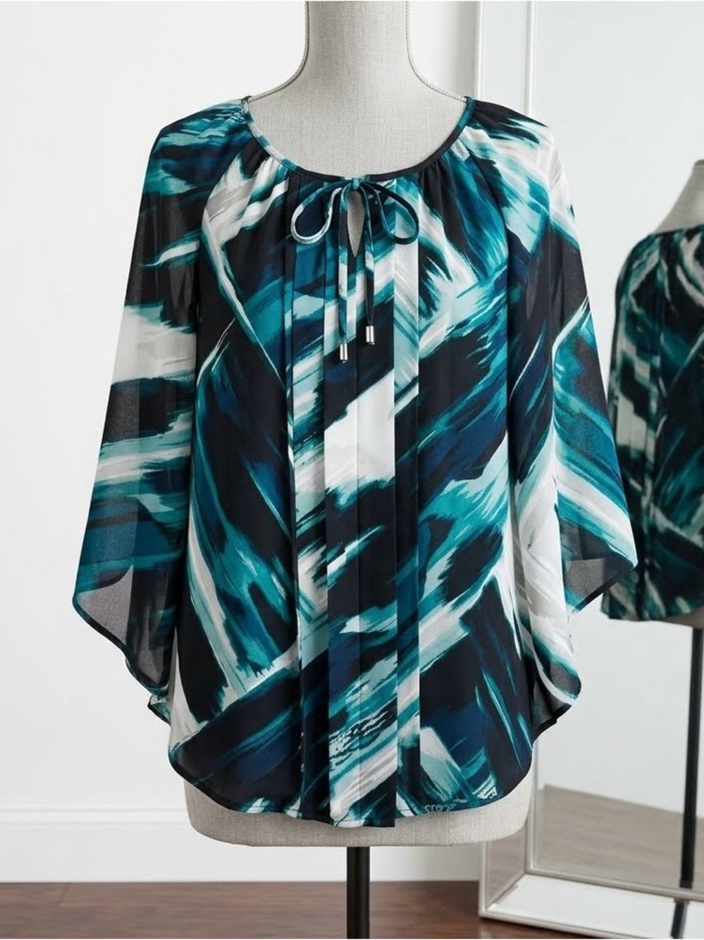 Alfani Blue Teal & Black Abstract Pleated Tie-Neck Blouse